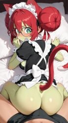 ai_generated animal_ears ass blush bulge double_bun glasses green_eyes looking_back navel pablokaktysev14 red_hair tail