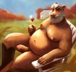alcohol anthro bear beard belly beverage body_hair boots boots_only brown_eyes building chair chest_hair chest_tuft clothing container cup drinking_glass erection facial_hair footwear footwear_only furniture genitals glass glass_container glass_cup grey_hair grin hair hi_res house humanoid_genitalia humanoid_penis jewelry lawn_chair looking_aside male mammal manly mature_male melatteki moobs mostly_nude moustache necklace nipples on_chair outside overweight penis plant shoes sitting sitting_on_chair smile solo tree tuft vein veiny_penis wine wine_glass