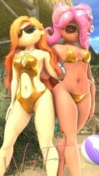 2females 3d_(artwork) beach bikini breasts desti_(smg4) female female/female female_focus female_only golden_bikini lesbian lesbian_couple meggy_spletzer octoling_girl octoling_rival orange_hair photoshoot sexy_body sfm smg4 source_filmmaker splatoon sunglasses swimsuit thick thick_thighs twitter_link twitter_username wing_fury