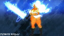 animated ass_exposed black_girl demonroyal gif glowing_hair goddess huge_ass huge_breasts huge_sword jewelry katherine_(demonroyal) lightning lightning_goddess looking_back milf mother original original_character ponytail solo_female weapon