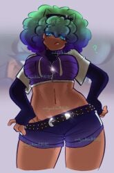 1girls ? big_breasts blue_eyes breasts female female_only friday_night_funkin friday_night_funkin_mod gradient_hair hoodie looking_at_viewer midriff original_character pulling_down_shorts sharki_(chibisprinklez) short_jacket shorts silvymilkbar twitter twitter_user_oc