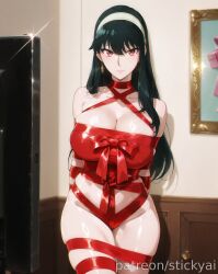 ai_generated black_hair female gift_wrapped gift_wrapping red_eyes spy_x_family wrapped yor_briar yor_forger