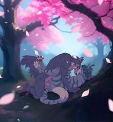 absurd_res anal anal_sex anthro anus balls beastars canid canine canis cherry_blossom duo eye_contact felid feline flower forest forest_background from_front_position fur genitals greko_the_cat hi_res interspecies landscape legoshi_(beastars) looking_at_another love male male/male male_anthro male_penetrated male_penetrating male_penetrating_male mammal nature nature_background night open_mouth outside_sex penetration penile penile_penetration penis penis_in_ass plant prunus_(flower) romantic sex striped_body striped_fur stripes tree wolf