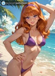 ai_generated ass bangs beach bikini booty breasts daphne_blake female female_only fringe ginger ginger_hair gorgeous purple_eyes red_hair red_hair scooby-doo solo thong