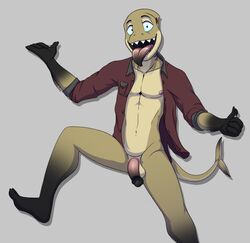 abs anthro balls bottomless clothed clothing fish flaccid kuiper_(zawmg) male male_only marine mostly_nude nipples open_shirt pecs penis shark shirt solo tongue tongue_out uncut zawmg