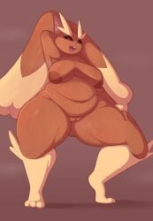 alpha_pokemon anthro areola behniis belly belly_overhang bent_legs big_areola big_belly big_breasts bodily_fluids breasts brown_areola brown_nipples buckteeth female generation_4_pokemon genital_fluids genitals hand_on_leg hand_on_thigh hi_res lagomorph leporid lopunny mammal nintendo nipples overweight overweight_anthro overweight_female pokemon pokemon_(species) pokemorph pose presenting presenting_pussy pussy rabbit rabbit_ears seductive slightly_chubby smile solo spread_legs spreading teeth thick_thighs tiptoes tongue vaginal_fluids wide_hips