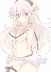 1girls bikini blush breasts corrin_(female)_(summer)_(fire_emblem) corrin_(fire_emblem) corrin_(fire_emblem)_(female) female fire_emblem fire_emblem_fates fire_emblem_heroes hair_between_eyes hairband long_hair looking_at_viewer pointy_ears pussy red_eyes simple_background smile solo swimsuit teu_(navy) white_background white_hair