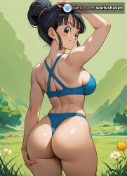 ai_generated ass ass_focus ass_up bangs bikini black_eyes black_hair booty breasts bun chichi dragon_ball dragon_ball female female_only fringe gorgeous solo thong