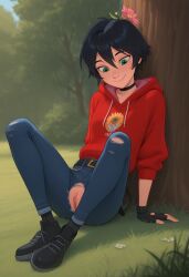 2d ai_generated belt black_choker black_gloves black_hair civitai closed_mouth cute cute_face cute_girl denim detailed_pussy female female_version fingerless_gloves flower_on_head gender_bender gender_transformation genderswap_(mtf) geneker girl green_eyes hood hood_down hoodie jeans knees_up leaning_to_the_tree looking_at_viewers looking_toward marc_anciel miraculous:_tales_of_ladybug_and_cat_noir miraculous_ladybug pants pussy red_hoodie rule_63 shirt short_hair sitting_on_grass smile solo solo_female spring_garden torn_jeans torn_pants visible_pussy visible_vagina