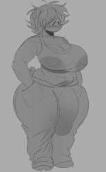 1futa anthro areolae areolae_visible_through_clothing ass ass_bigger_than_head big_areola big_ass big_breasts big_butt big_penis breasts breasts_bigger_than_head bubble_butt bulge clothing curvaceous curvy curvy_figure erection erection_under_clothes furry futa_only futanari gayplantsex grey_background greyscale hair_over_eyes hands_in_pockets huge_ass huge_breasts huge_cock monochrome mostly_clothed nipple_piercing nipple_rings pants penis piercing piercings pig pockets sketch solo solo_futa sus_(pig) tail thick_thighs voluptuous voluptuous_futanari wide_hips