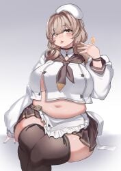 1girls absurd_res apron apron_only big_breasts blush bready_(nikke) breasts brown_eyes brown_hair choker chubby chubby_female clothed clothing curvaceous curvy curvy_female digital_media_(artwork) eyebrows eyebrows_visible_through_hair eyelashes female female_focus female_only glistening glistening_body goddess_of_victory:_nikke headgear headwear hi_res huge_breasts light-skinned_female light_skin lollipop looking_at_viewer motion_lines nail_polish plump solo tajyador thick_thighs tongue_out twitter_link video_games voluptuous voluptuous_female wide_hips