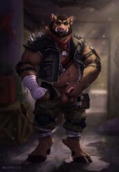 2024 allmand52 ammunition animal_genitalia animal_penis anthro arm_wraps armor axel_(axelwereboar) balls bandolier barazoku beard belly belly_hair belt biceps body_hair bottomwear calf_muscles chest_hair clothed clothing digitigrade dog_tag_necklace erection facial_hair facial_piercing fist forearm_muscles front_view genitals green_eyes grin hairy_balls hand_on_penis happy_trail hi_res hooves kerchief knee_guards looking_at_viewer male mammal masculine_male musclegut muscular neckerchief neckwear nose_piercing nose_ring open_bottomwear open_clothing open_pants open_topwear open_vest pants pecs penis penis_poking_out piercing porcine_penis pubes ring_piercing shoulder_pads slightly_chubby smile smiling_at_viewer solo spiked_armor spiked_shoulder_pads spikes standing suid suine sus_(pig) topwear triceps vest wild_boar wraps