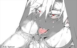13_thirteen 1boy 2boys bara bara_tiddies bara_tits barazoku big_pecs big_penis bitch_bara black_and_white blowjob blush choker compass_(game) gay hearts_around_head hekigo holding_hands huge_cock kissing_penis licking licking_penis male male/male monochrome muscular muscular_male musk pecs pectorals penis_on_face red_eyes saliva sketch spit sweat tongue tongue_out white_hair white_skin yaoi