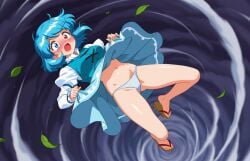 artist_name belly belly_button blown_away blue_eyes blue_hair blush dress dress_lift feet flustered flying kogasa_tatara lifted_skirt panties pantyhose red_eyes sagamore2a sandals scared tornado touhou upskirt vacuum_suck wind wind_lift windy_skirt