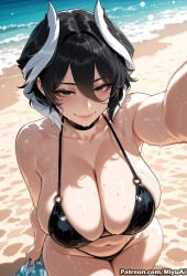 1girl ai_assisted ai_generated bangs beach bikini black_bikini black_choker black_hair blush breasts choker cleavage closed_mouth collarbone crossed_bangs curvaceous curvy curvy_female curvy_figure day female foreshortening hair_between_eyes half-closed_eyes huge_breasts large_breasts lips looking_at_viewer made_in_abyss miyuai navel o-ring o-ring_bikini ocean outdoors ozen pov sand short_hair smile solo swimsuit thick thick_ass thick_butt thick_hips thick_legs thick_thighs voluptuous voluptuous_female water water_drop wet wide_hips wide_thighs