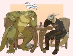 argonian armor balls boots bottle bottomwear casual_nudity chair cheek_spikes chin_spikes claws clothed clothing container cross-popping_vein dialogue discarded_armor discarded_clothing duo english_text facial_spikes flaccid footwear furniture galaxia22 genitals gloves green_body green_scales handwear head_on_hand hi_res holding_card horn humanoid_genitalia humanoid_penis male microsoft musclegut muscular muscular_male nude on_chair pants penis scales scalie shirt shoes simple_background sitting size_difference spikes spikes_(anatomy) strip_poker table text the_elder_scrolls topwear urethra vest