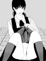 chainsaw_man clothes_lift collared_shirt commentary dress dress_lift female female_pubic_hair fourth_east_high_school_uniform fujimoto_tatsuki_(style) greyscale highres kneehighs knees_up lifting_own_clothes long_sleeves looking_at_viewer mitaka_asa monochrome nanami_toga on_floor open_mouth panties pinafore_dress pubic_hair pubic_hair_peek pussy_juice_stain school_uniform shirt sitting sleeveless sleeveless_dress socks solo stained_panties sweat underwear