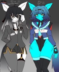 2025 2boys airiin220 big_thighs bulge bulge_through_clothing clothing cyan_(horse_race_test) cyberairiin_(airiin220) femboy furry_only girly glasses horse horse_race_test leotard long_sleeves male male_only multicolored_eyes multicolored_hair short_hair shorts stockings superstitional_realism