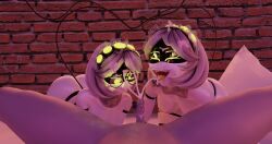 1boy 2girls 3d absurdres anon closed_eyes cum cum_on_face cumming disassembly_drone double_fellatio heart heart_eyes highres human maid male/female murder_drones non-web_source open_mouth orgasm serial_designation_v sex small_penis_adoration smile tail tongue_out v_(murder_drones)