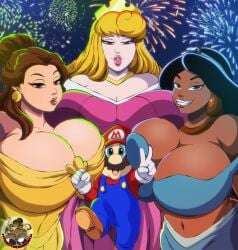 belle_(beauty_and_the_beast) black_hair blonde_female brown_skin brunette caucasian commission demonroyal disney disney_princess dresses fireworks huge_breasts jasmine_(aladdin) jewelry jumping looking_at_viewer makeup mario mario_(series) nintendo parade plump_lips princess_aurora_(disney) royalty smiling smiling_at_viewer solo_male trio_female