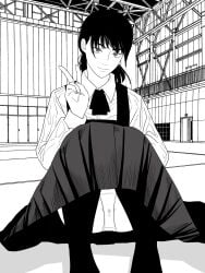chainsaw_man closed_mouth collared_shirt commentary door female fujimoto_tatsuki_(style) greyscale gym hand_up highres indoors knees_up light_smile long_sleeves looking_at_viewer mitaka_asa monochrome nanami_toga panties pussy_juice_stain shirt sitting solo stained_panties underwear v