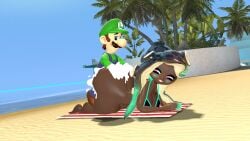 big_ass_(female) big_booty big_butt_(female) bottomless bubble_butt_(female) crossover dark-skinned_female kaibernation light-skinned_male luigi marina_(splatoon) mario_(series) nintendo splatoon splatoon_(series) splatoon_2