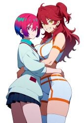 ai_generated amate_yuzuriha crossover female_focus female_only freckles freckles_on_face green_eyes gundam_00 gundam_gquuuuuux hug large_breasts long_hair nena_trinity overknee_boots pale-skinned_female pale_skin red_hair school_uniform short_female short_hair shorts skirt stud_earrings thighhighs yellow_eyes