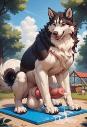 ai_generated big_balls big_penis canid canine canine_genitalia canine_penis feral husky male muscular penis sitting