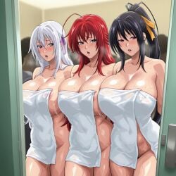 ai_generated akeno_himejima black_hair high_school_dxd huge_breasts iwao178_(ai_style) red_hair rias_gremory rossweisse take_your_pick towel white_hair