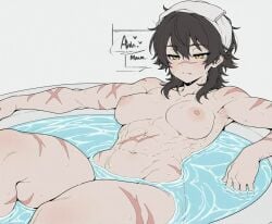 abs ai_assisted bath bathing bathtub black_hair blush breasts brown_hair completely_nude english_text female hair_between_eyes large_breasts medium_breasts medium_hair muscular muscular_female navel nipples nude partially_submerged scar scar_on_arm scar_on_cheek scar_on_chest scar_on_face scar_on_leg scar_on_stomach scars short_hair solo sondu speech_bubble tomboy towel towel_on_head water wet wolf_cut yellow_eyes