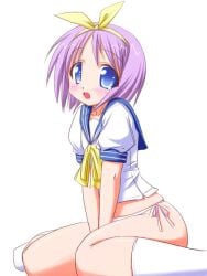 1girls blue_eyes female hairbow hands_between_legs kneeling_on_ground lavender_hair looking_at_viewer lucky_star nekono_matatabi ryouou_school_uniform side-tie_bikini_bottom simple_background solo tagme tsukasa_hiiragi