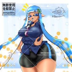 1girls blue_eyes blue_hair blue_shirt breasts drink_on_breasts female gbeimtama hair_ornament inkling inkling_girl jules_(carranza) large_breasts long_hair looking_at_viewer nintendo open_mouth pointy_ears shirt shorts solo splatoon tentacle_hair thick_thighs thighs