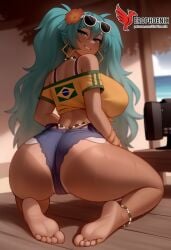 1girls 2d ai_generated aqua_hair ass barefoot big_ass big_breasts bikini bracelet brazilian_miku breasts dark-skinned_female earrings erophoenix eyewear_on_head feet full_body grin hair_flower hair_ornament hatsune_miku huge_breasts jewelry kneeling long_hair looking_at_viewer looking_back nail_polish patreon_username shorts smile soles solo solo_female sunglasses swimsuit tan tellow_shirt thick thick_thighs toes uncensored vocaloid
