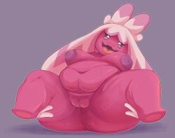 anthro areola ass behniis belly belly_overhang big_areola big_belly blush bodily_fluids breasts female generation_9_pokemon genitals hi_res inverted_nipples leaning leaning_backward looking_at_viewer nintendo nipples nude overweight overweight_anthro overweight_female pokemon pokemon_(species) pokemorph presenting presenting_pussy pussy slightly_chubby solo spread_legs spreading sweat sweaty_butt sweaty_genitalia thick_thighs tinkaton wide_hips