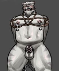 2025 anthro aroused balls biceps blue_eyes bodily_fluids bondage bondage bound calf_muscles chastity_cage chastity_cage_only chastity_device chastity_device_only collar deltoids djtaka dripping drooling facial_tuft feet felid flat_chastity_cage front_view gag gagged genital_fluids genitals grey_background hands_behind_back hands_tied hands_tied_behind_back hi_res looking_at_viewer low-angle_view male mammal metal_chastity_cage muscular muscular_legs muscular_sub muscular_thighs navel nipple_clamp nipples nude open_mouth pantherine pecs precum precum_drip restraints ring_gag rope rope_bondage rope_harness saliva simple_background slightly_chubby solo submissive tiger tired_eyes triceps tuft wearing_chastity_cage wearing_chastity_device