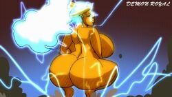 animated black_girl black_woman demonroyal dust_clouds fat_ass gif glowing_hair goddess huge_ass huge_breasts jewelry katherine_(demonroyal) lightning lightning_bolt lightning_bolts lightning_goddess looking_back ponytail single_bang twerking