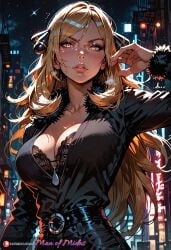 ai_generated belt black_shirt blonde_hair bra_visible_through_clothes cleavage cynthia_(pokemon) large_breasts makeup manofmidas pokemon pokemon_oras pokemon_rse yellow_eyes