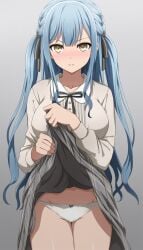 1girls bang_dream! bang_dream!_it's_mygo!!!!! black_ribbon blue_bow blue_hair blunt_bangs blush bow bow_panties braid breasts buttons clothes_lift collarbone commentary cowboy_shot gradient_background grey_background grey_shirt grey_skirt groin hair_ribbon hands_up high-waist_skirt highres large_breasts lifting_own_clothes long_hair long_sleeves looking_at_viewer neck_ribbon nose_blush noshimurin panties parted_lips plaid_clothes plaid_skirt pleated_skirt ribbon shirt sidelocks skirt skirt_lift solo standing striped_ribbon sweatdrop thigh_gap togawa_sakiko twin_braids two_side_up underwear v-shaped_eyebrows very_long_hair wavy_hair white_panties yellow_eyes