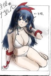 1girls arm_behind_head arm_support barefoot big_breasts bikini blue_eyes blue_hair blush breasts busty cleavage feet female female_only fingerless_gloves gloves highres japanese_text king_of_fighters large_breasts legs looking_at_viewer nakoruru navel pink_lips pose posing samurai_shodown seductive seductive_look seductive_smile sensual sexy sexy_pose side-tie_bikini_bottom sitting smile snk solo swimsuit thighs traditional_media translation_request voluptuous white_bikini