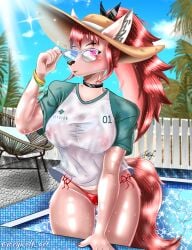 bikini black_choker cream_fur furry furryfication goddess_of_victory:_nikke happy joeywolf_art joeywolf_art(artist) nikke nipples nipples_visible_through_clothing pool rapi_(nikke) rapi_(red_hood)_(nikke) rapi_(red_hood)_(red_flavor)_(nikke) red_bikini red_eyes red_hair straw_hat sunglasses topless topless_female wet wet_body wet_clothes wet_shirt