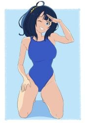 1girls alternate_hairstyle arm_up armpits barefoot big_breasts blue_eyes blue_hair breasts busty cleavage feet female female_only grin hand_on_leg hand_on_own_leg hand_on_own_thigh hand_on_thigh highres kneeling large_breasts legs looking_at_viewer make_heroine_ga_oo_sugiru! medium_hair one-piece_swimsuit one_eye_closed ponytail pose posing salute smile solo swimsuit teeth thighs voluptuous wink yanami_anna