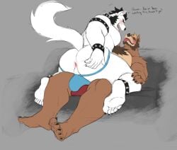 2025 anklet anthro anthro_on_anthro anus artemis_(croissantdelar1) ass bat beard biceps big_butt big_pecs black_hair blonde_hair bodily_fluids bracelet canid canine canis clothed clothing collar dialogue domestic_dog drooling duo english_text eye_contact facial_hair fur hair husky jewelry jockstrap langdon_marston legband looking_at_another looking_pleasured male male/male mammal mistermrdad muscular muscular_anthro muscular_male nipples nordic_sled_dog open_mouth paws pecs saliva simple_background smile spiked_anklet spiked_bracelet spiked_collar spiked_legband spikes spitz tail teeth text thick_thighs underwear white_body