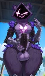 1futa ai_generated anthro arm_guards balls bear bear_ears fortnite fortnite:_battle_royale furry furry_only futanari holding_penis hood looking_at_viewer masturbation metal_gloves penis purple_body purple_fur purple_hood purple_skin raven_team_leader scar solo solo_futa