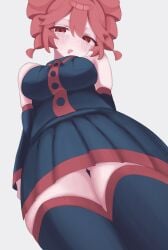 1girls 2d 2d_(artwork) absolute_territory ass_visible_through_thighs big_breasts blush blush blush_lines breasts clothed clothed_female clothing detached_sleeves female female_only fully_clothed huge_breasts kasane_teto large_breasts red_eyes red_hair skirt solo solo_female thick_thighs thighhighs thighs twin_drills ur_(ur_o_) utau white_background