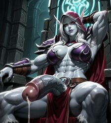 ai_generated armor armored_boots armpit_hair armpits blizzard_entertainment cum cum_drip eogard_orc futa_only futa_sans_pussy futanari grey_body grey_skin huge_cock hyper_muscles intersex loincloth looking_at_viewer muscular muscular_futa muscular_futanari one_arm_behind_head penis pointy_ears purple_lipstick red_eyes seductive_look seductive_smile self_upload sitting stable_diffusion sylvanas_windrunner throne veiny_muscles veiny_penis video_game_character viewed_from_below world_of_warcraft