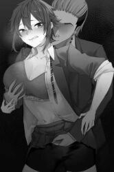 1boy 1girls ai_generated aizawa_tomo female hand_on_pussy licking_neck male netorare school_uniform sports_bra tomo-chan_wa_onna_no_ko