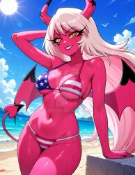 2025 ai_generated american_flag_bikini beach belly clouds deviantart elryusam heart_symbol helluva_boss meta not_porn pink_eyes pink_skin sky_background sun sunlight sunlight_rays tail_on_butt tummy verosika_mayday_(helluva_boss) vivziepop wet_bikini wet_body wet_skin white_hair wings_on_back youtube