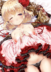 1girls alternate_costume ass_visible_through_thighs black_panties blonde_hair bow bow_panties breasts dress dress_lift eyebrows_visible_through_hair female goriyaku hair_ribbon half-closed_eye large_breasts lifted_by_self lying navel nipples no_bra one_eye_closed panties pink_dress red_eyes red_ribbon ribbon rumia solo solo_female touhou underwear wink