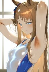 ai_generated animal_ears armpits blue_eyes female grass_wonder_(umamusume) hair_accessory horse_girl light_brown_hair long_hair markings_on_head swimsuit umamusume umamusume_pretty_derby