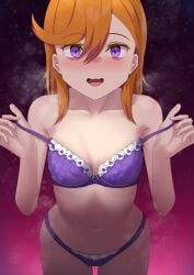 bare_arms bare_belly bare_legs bare_shoulders bare_thighs belly_button blush bra bra_pull breasts cleavage collarbone love_live! love_live!_superstar!! medium_hair mind_control open_mouth orange_hair panties purple_bra purple_eyes purple_panties removing_bra shibuya_kanon shirasaki_(ebb_ss) small_breasts strap_pull thigh_gap thighs underwear underwear_only undressing visible_breath wavy_mouth